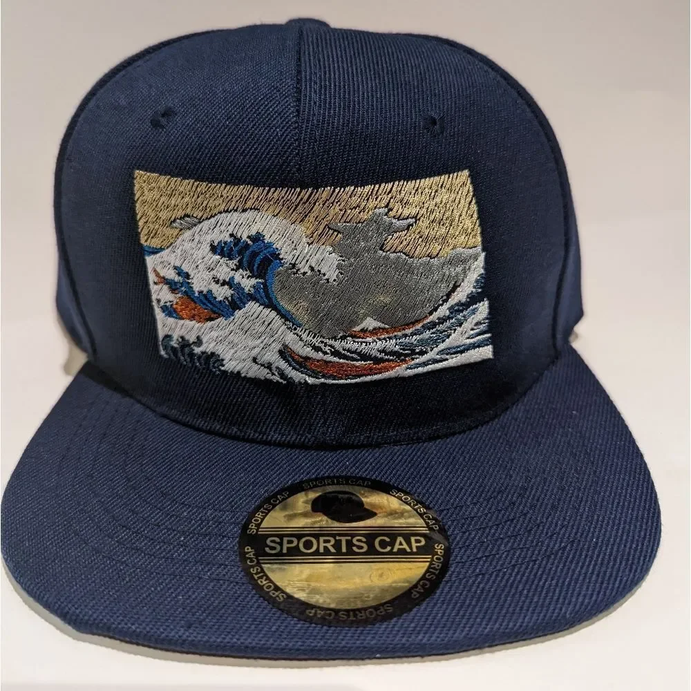 Iconic Japanese Art Embroidered Snapback Hat: Art & Fashion Enthusiast Ocean